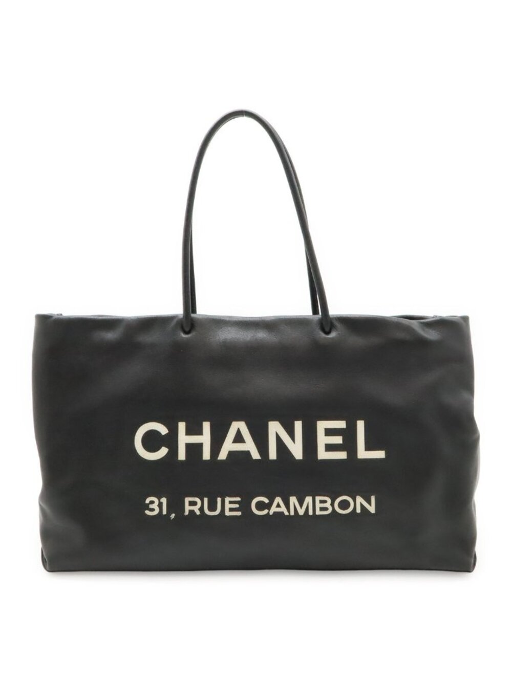 Chanel Essential Logo Tote Large Shoulder Bag Leather Black White